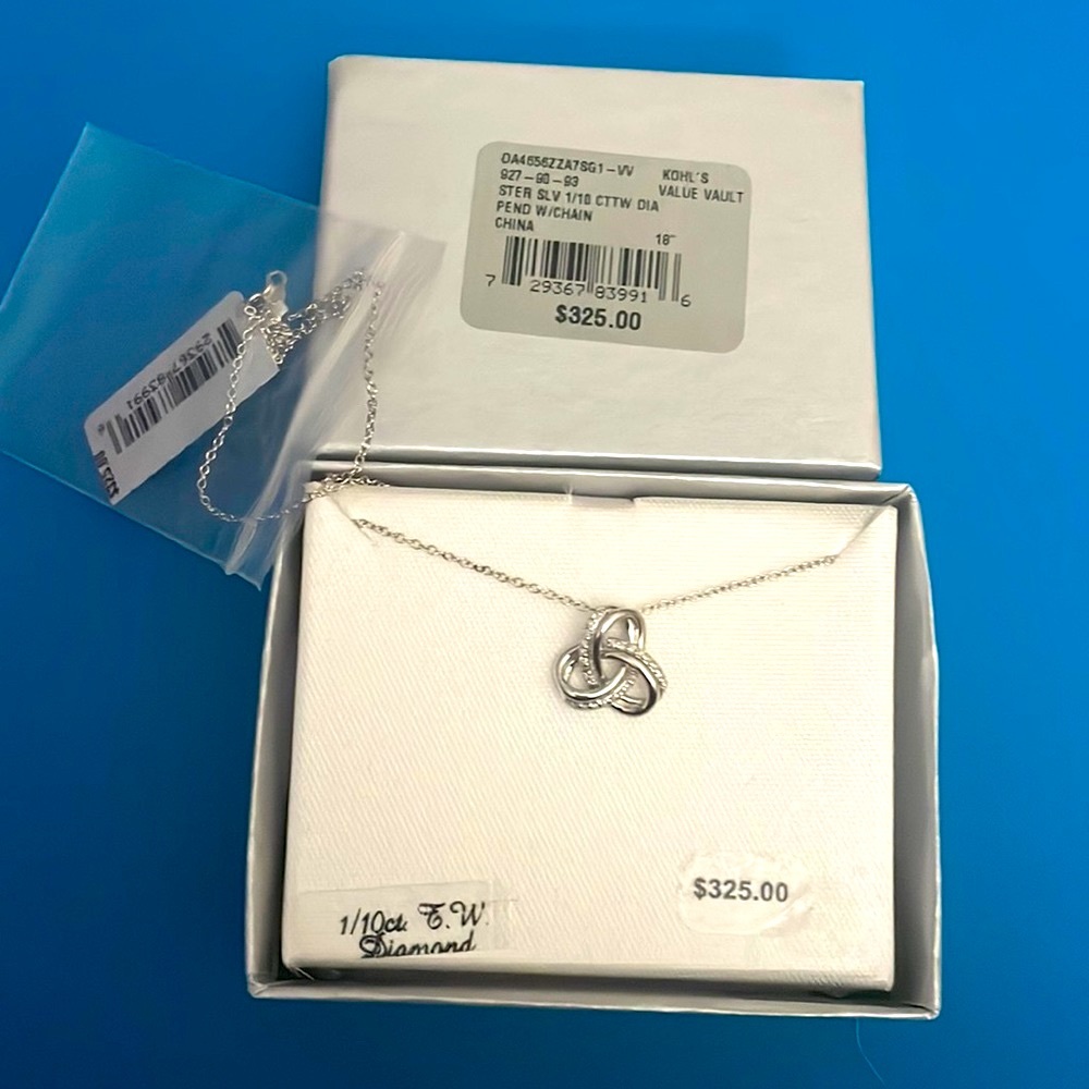 Brand new sterling silver 1/10 CTTW DIA(diamonds)pendant with chain.